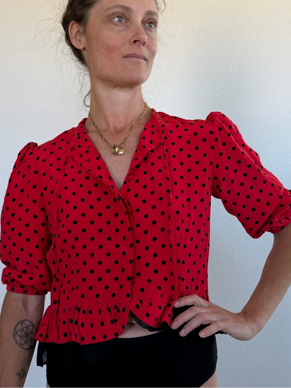 Vintage Rima Jan Clair Collection SILK Red Polka Dot Puff-Sleeve Button up